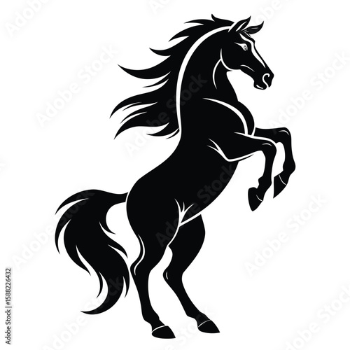 Dynamic black horse silhouette rearing powerfully against a white background