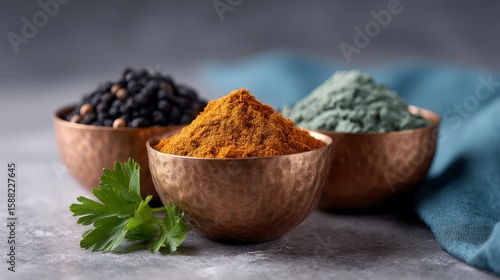 Fototapeta Naklejka Na Ścianę i Meble -  Three bowls of spices including black peppercorns curry powder and green spice powder with a parsley sprig