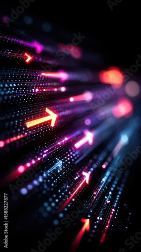Neon arrows in dynamic digital abstract background