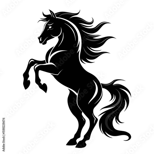 Powerful black stallion rearing up with flowing mane and tail on white background