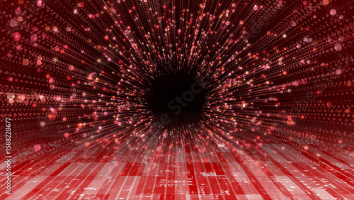 Red color glitter particles technology background, sci-fi tunnel in dark cyber space 