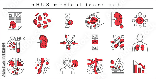 aHUS icon set. Editable vector illustrations of kidney failure