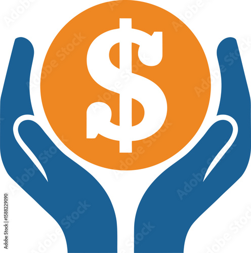 Two hands holding a large orange coin with a white dollar sign on it center