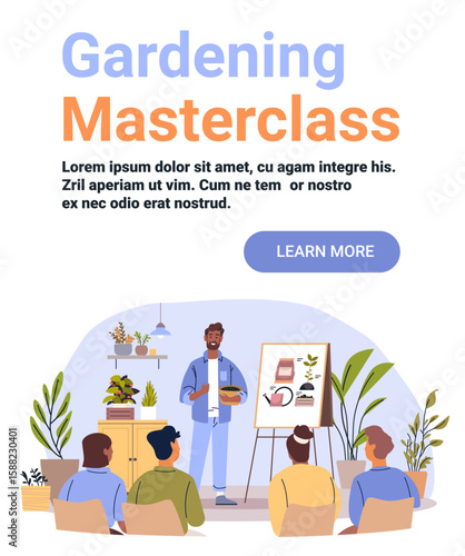 Gardening masterclass workshop teacher students indoor plants presentation classroom botanical education poster website banner template