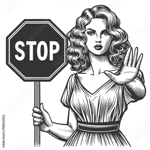 woman with flowing hair holding a stop sign, blending beauty and authority sketch engraving generative ai fictional character vector illustration. Scratch board imitation. Black and white image.