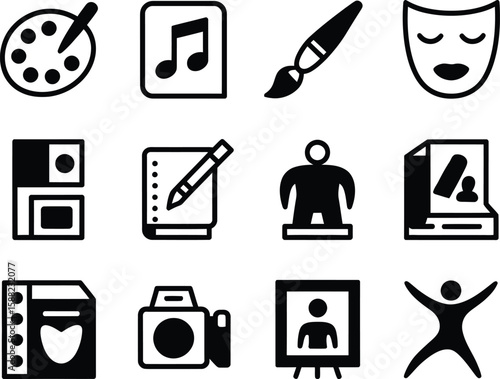 Collection of creative arts and entertainment icons in black and white