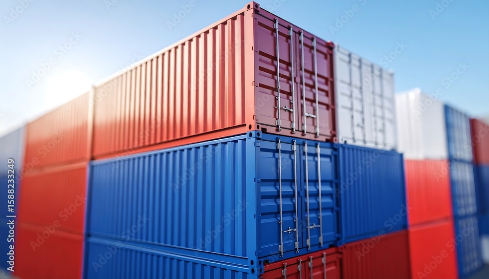Fototapeta premium Stacked shipping containers in red, blue, and white