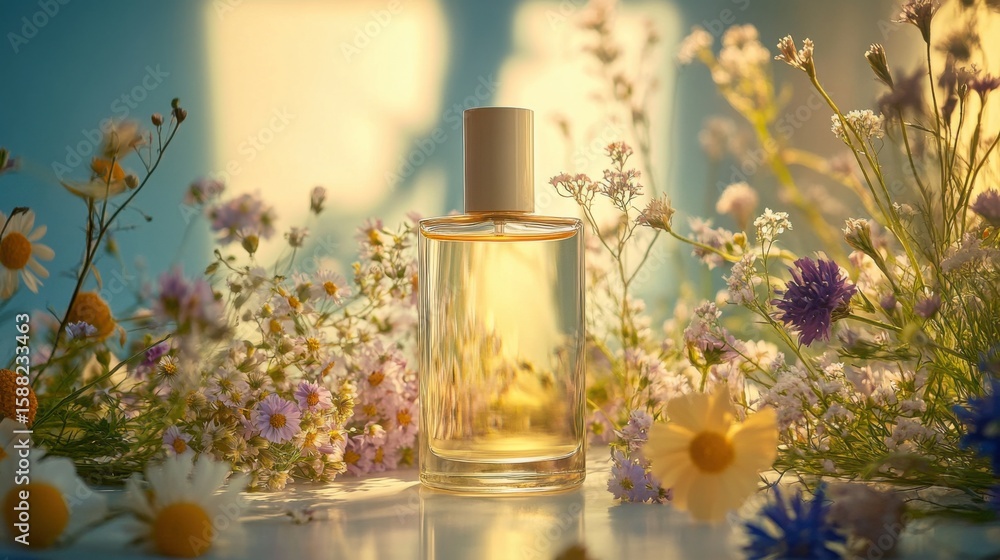 glass bottle with perfume, wild flowers around glass bottle with perfume, wild flowers around