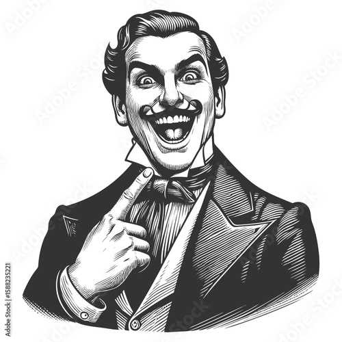 joyful Victorian-era man in formal attire, enthusiastically pointing at himself with a wide grin sketch engraving generative ai fictional character vector illustration. Scratch board. Black and white.