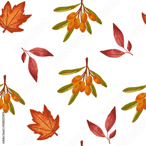 Autumn seamless pattern with sea buckthorn berry and dry orange leaves in flat style. Vector fall background with forest elements