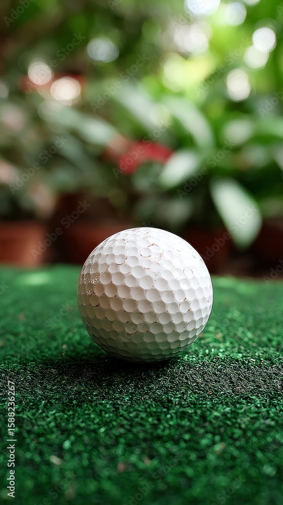 Naklejka premium A white dimpled golf ball rests on a textured green putting surface with blurred foliage in the background