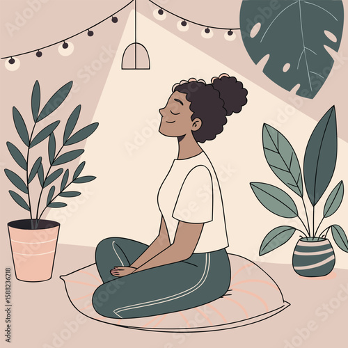 Illustration of a woman meditating on a cushion surrounded by plants and string lights indoor scene