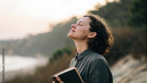 Bible on chest with closed eyes — resting heart in God’s promises
