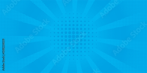Comic background. Pop art texture. Starburst cartoon style. Anime design with explosion effect for print. Fun dot pattern. Blue backdrop with halftone gradient.