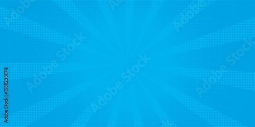 Comic background. Pop art texture. Starburst cartoon style. Anime design with explosion effect for print. Fun dot pattern. Blue backdrop with halftone gradient.