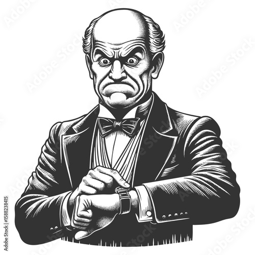 Victorian man in formal attire looking at a wristwatch with impatience and disapproval sketch engraving generative ai fictional character vector illustration. Scratch board. Black and white image.