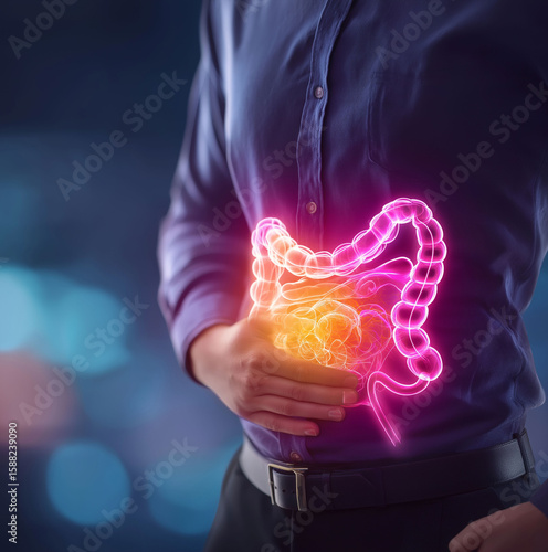 Intense Glowing Colon Anatomy Man in intestine  Pain Medical Stock Image
