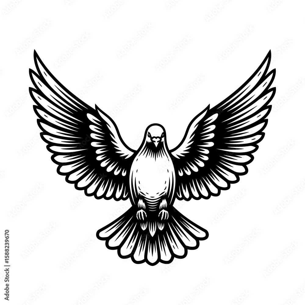 Obraz premium Majestic black and white illustration of a dove in flight, wings spread wide, showcasing detailed feathering.