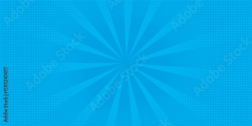 Comic background. Pop art texture. Starburst cartoon style. Anime design with explosion effect for print. Fun dot pattern. Blue backdrop with halftone gradient.