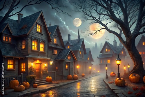 A quaint halloween village street is illuminated by moonlight and streetlights, with pumpkins lining the cobblestone path