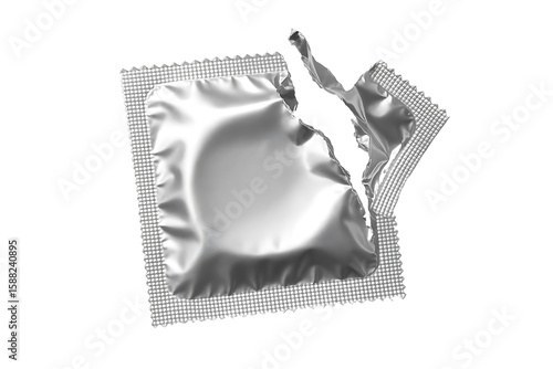 Torn silver condom wrapper without visible contents isolated on transparent background
