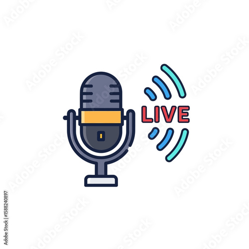Microphone icon illustration with the word "LIVE" and sound waves emanating from it.