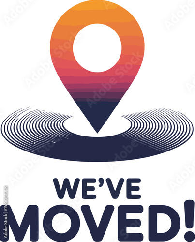 A location pin above concentric circles with the text we've moved below it