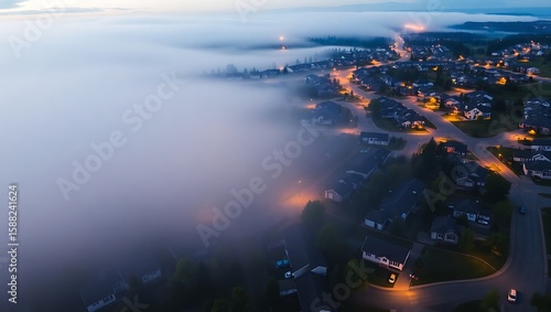 Aerial view of a foggy neighborhood at dusk with street lights illuminating the scene below the clouds