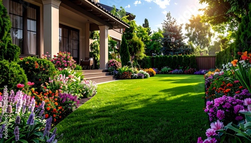 Well-Manicured Front Yard with Artificial Grass, Colorful Flowers, and Decorative Shrubs