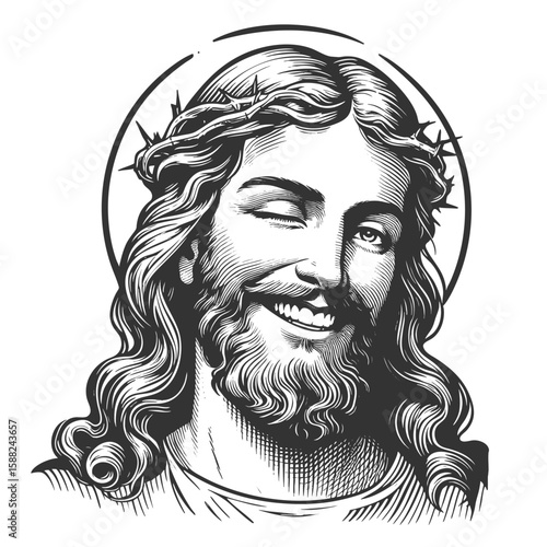 Jesus Christ with a crown of thorns, smiling and winking playfully, surrounded by a radiant halo sketch engraving generative ai fictional character vector illustration. Scratch board. Black and white.