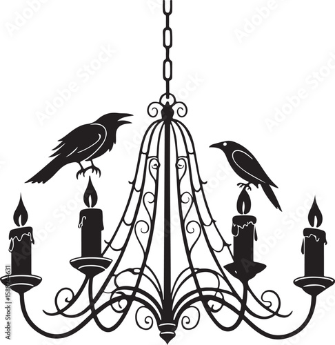 Ornate gothic chandelier with crows and swirling accents isolated on transparent background