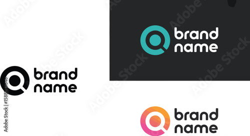 Three variations of a logo with a circle and a brand name next to it