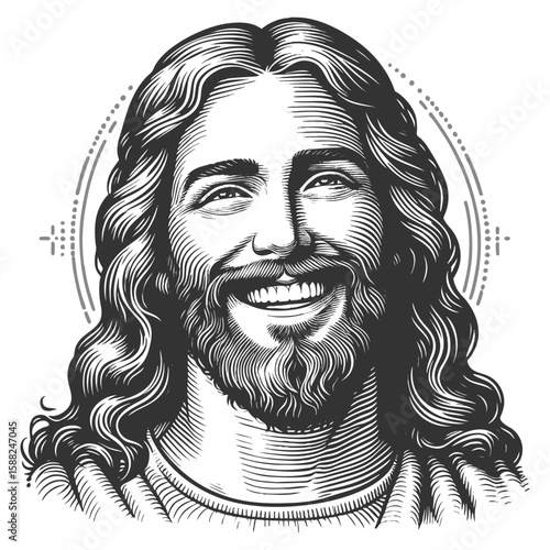 Jesus Christ smiling, surrounded by radiant circular halo lines sketch engraving generative ai fictional character vector illustration. Scratch board imitation. Black and white image.