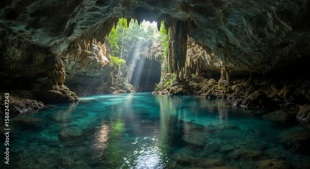 Fototapeta premium Underground river flowing through Hin Nam No cave system, crystal-clear water