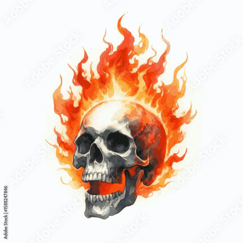Fugitive Ember Skull surrounded by flames isolated watercolor vector illustration svg