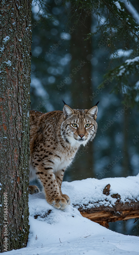 Fototapeta premium Majestic lynx peers curiously from behind a snow-dusted tree in a serene winter forest landscape