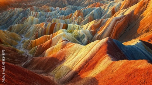 Panoramic vista of the Zhangye Danxia Landform, a geological wonder showcasing colorful rock strata, presenting an array of hues sculpted by eons of erosion and tectonic activity