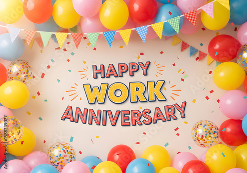 Celebrate happy work anniversary with balloons, banners, and cheerful greetings.