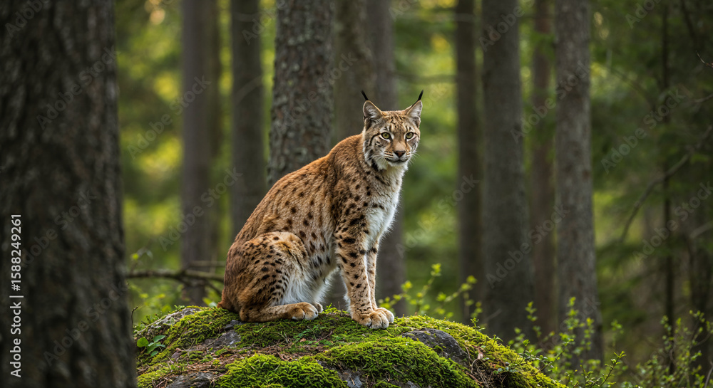 Obraz premium Peaceful lynx resting on a mossy rock in a serene forest at golden hour