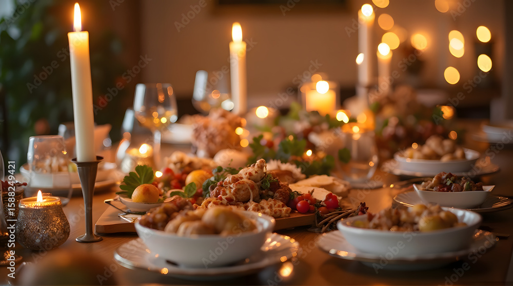 Naklejka premium Elegant Holiday Dinner Table Setting with Candles, Festive Food & Warm Ambiance