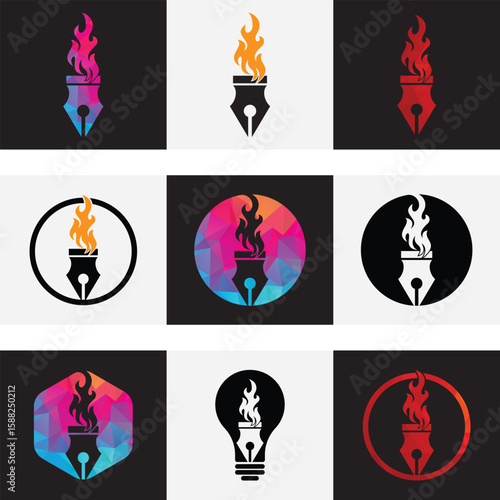 Pen fire vector logo illustration. Flaming Pen Nib Logo Vector.