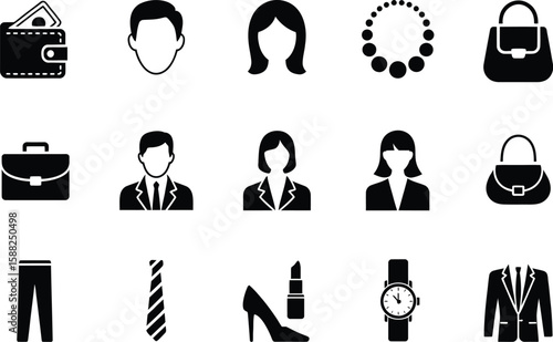 Collection of business and personal accessories in black and white icons