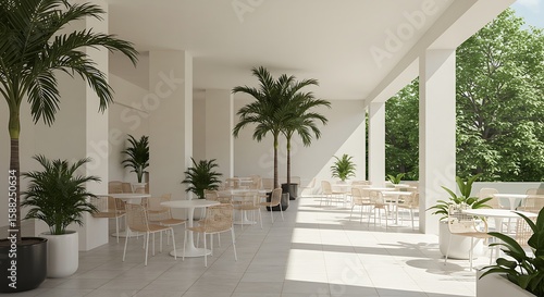 Bright, airy outdoor cafe with white tables and chairs, surrounded by palm trees and lush greenery.