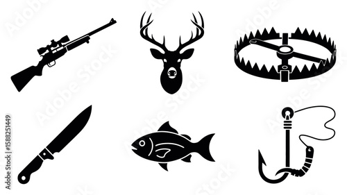 Hunting and fishing icon set with rifle deer trap knife fish and hook illustrations
