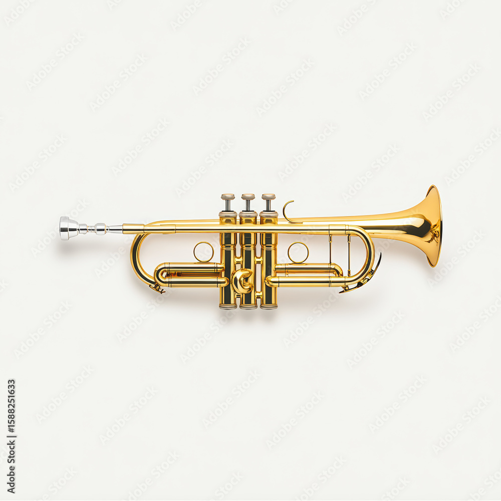 Obraz premium A shiny brass trumpet with three valves and a silver mouthpiece displayed against a plain white background.
