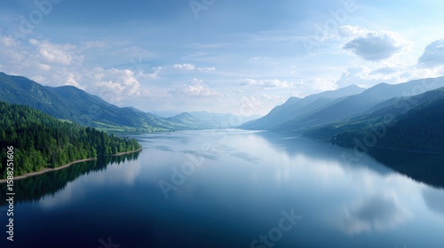 Serene landscape view of tranquil lake surrounded by lush green forests and majestic mountains under a clear blue sky reflecting in water