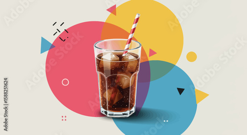 Cola drink glass with colorful geometric shapes abstract background design