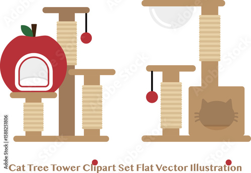 Cat Tree Tower Clipart Set Flat Vector Illustration