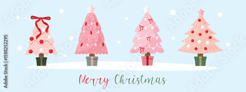 Christmas tree pink pastel set. Cute coquette bow Christmas element ornament for decoration, card or background wallpaper illustration flat vector.