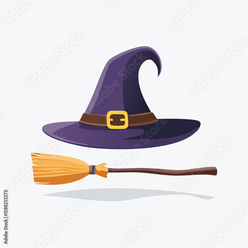 Witch's Hat & Broom Icon, A pointed witch's hat paired with a rustic broomstick.